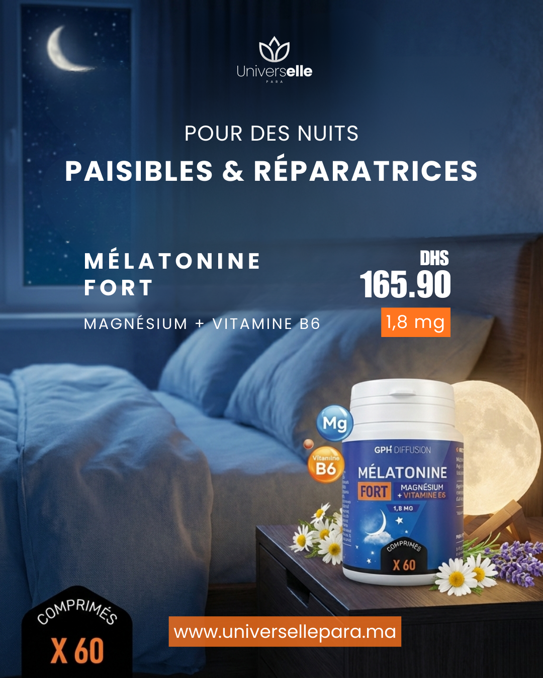GPH Diffusion - Mélatonine Fort 1,8 mg - Vitamine B6 & Magnésium (60 Comprimés)