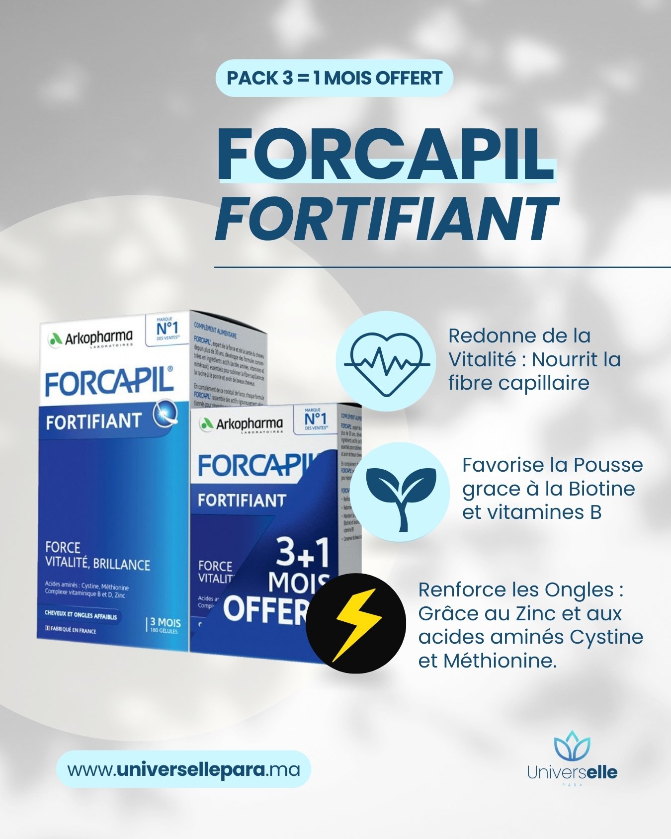 Pack Promo FORCAPIL Fortifiant Cheveux & Ongles : Cure 4 Mois (3 Achetés = 1 Offert) - Arkopharma