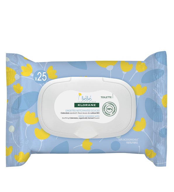 Klorane - Lingettes nettoyantes douces pour le corps au Calendula apaisant - Bébé - Peau normale à sèche 25 u